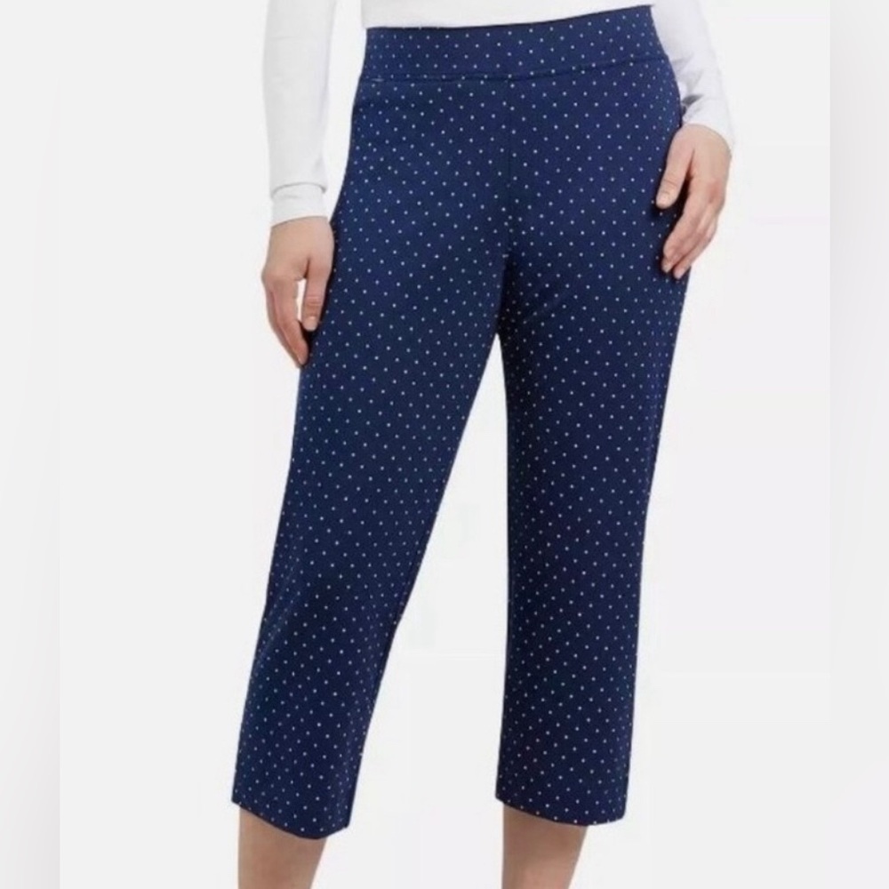 Land’s End Shore Strech Knit Capri Pants Small Navy Polka Dot / NEW